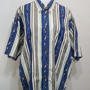 Mens North River Shirt Button Front Stripe Fish L